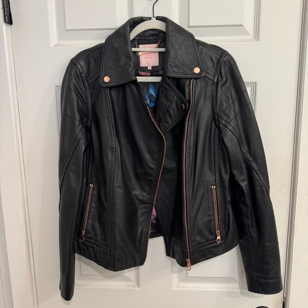 Ted Baker Leather Jacket Floral Lining Rose Gold Hardware- Women’s Size 3